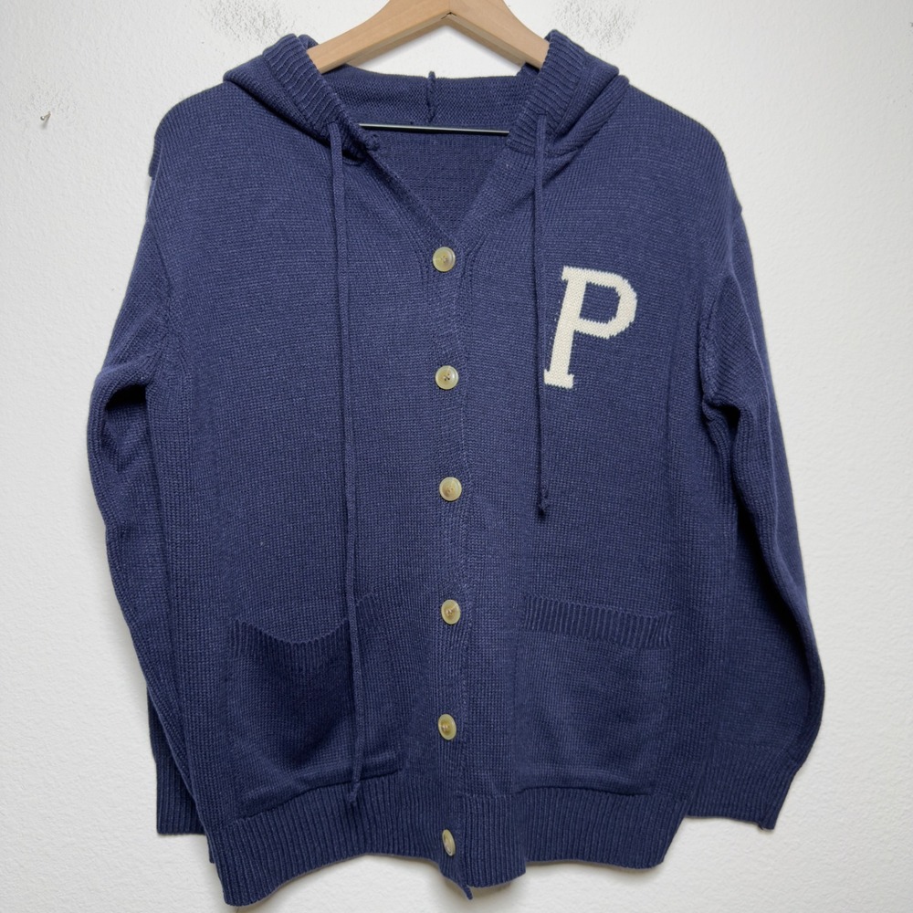 Women Preppy Cardigan Sweater Large Navy Blue Letterman Patch Hooded Chore